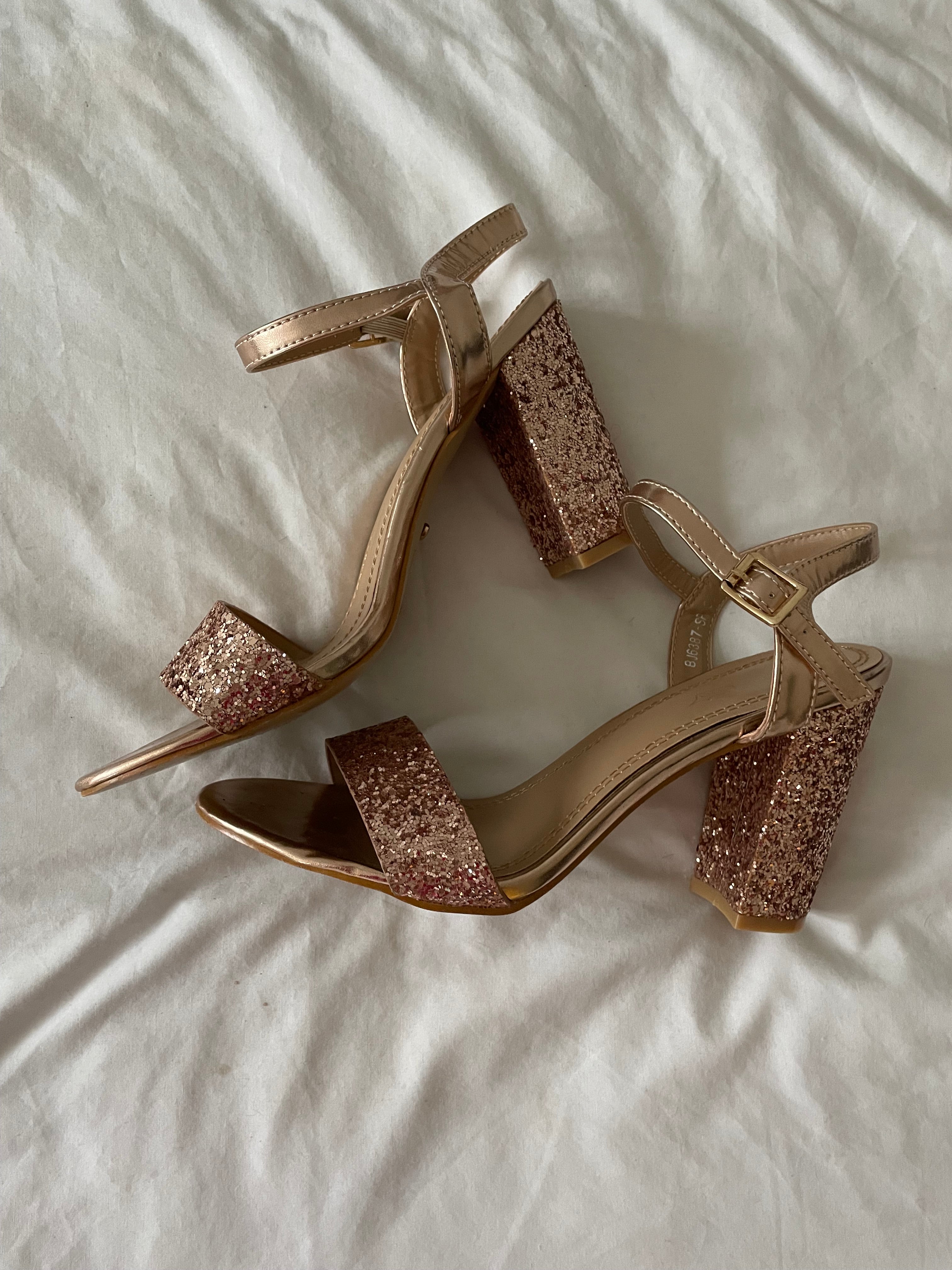 Gold glitter heels with best sale ankle strap