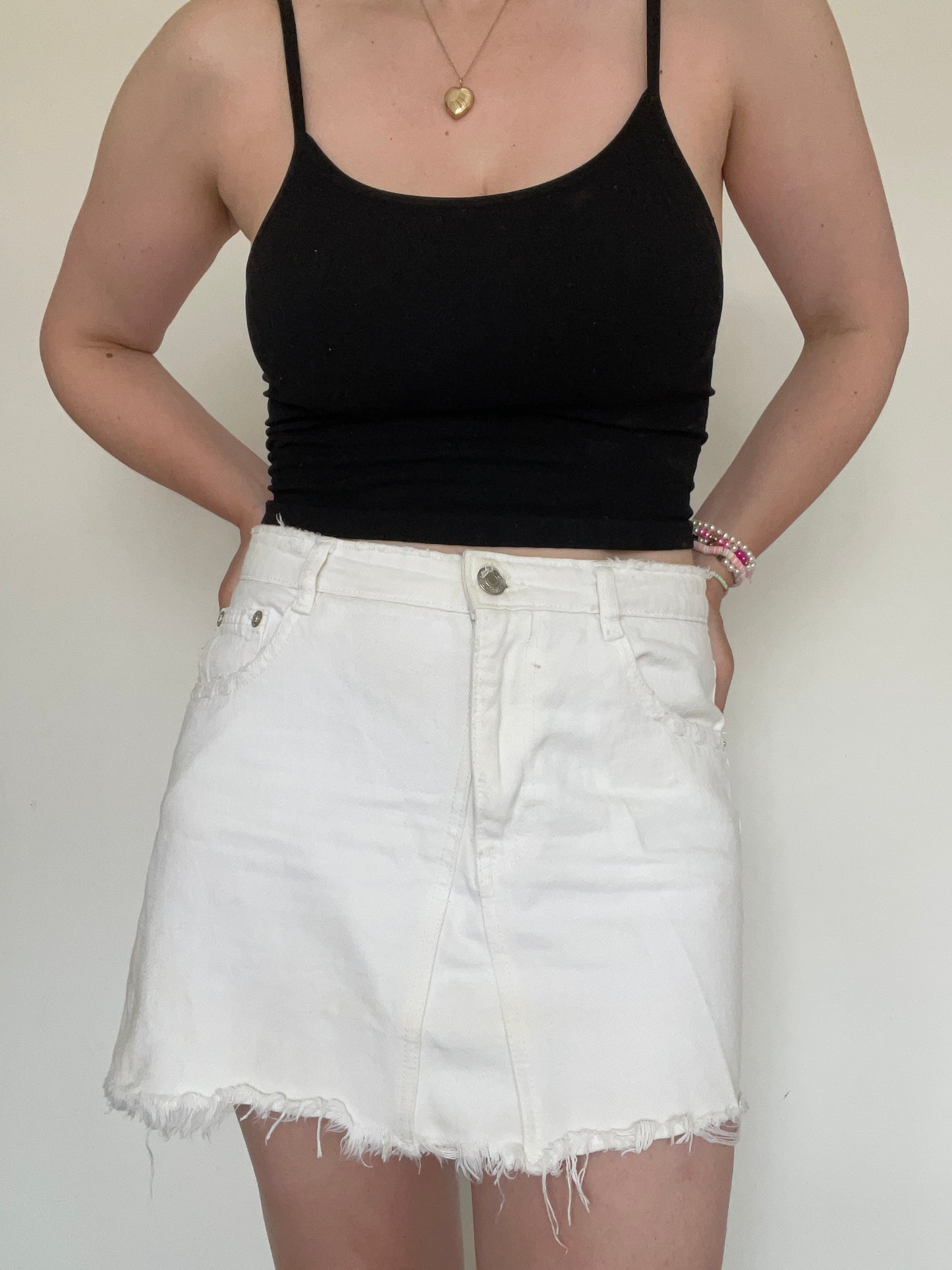 White Denim Mini Skirt - Size L