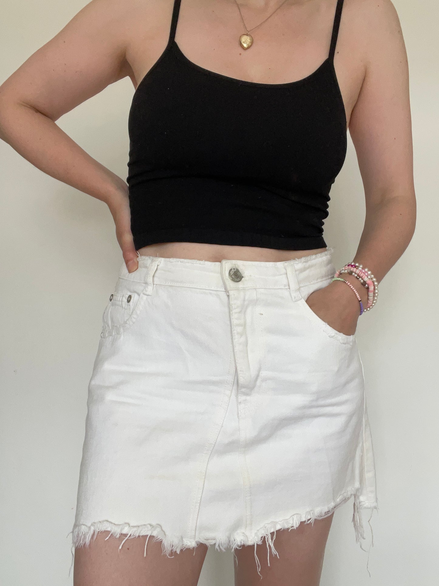 White Denim Mini Skirt - Size L