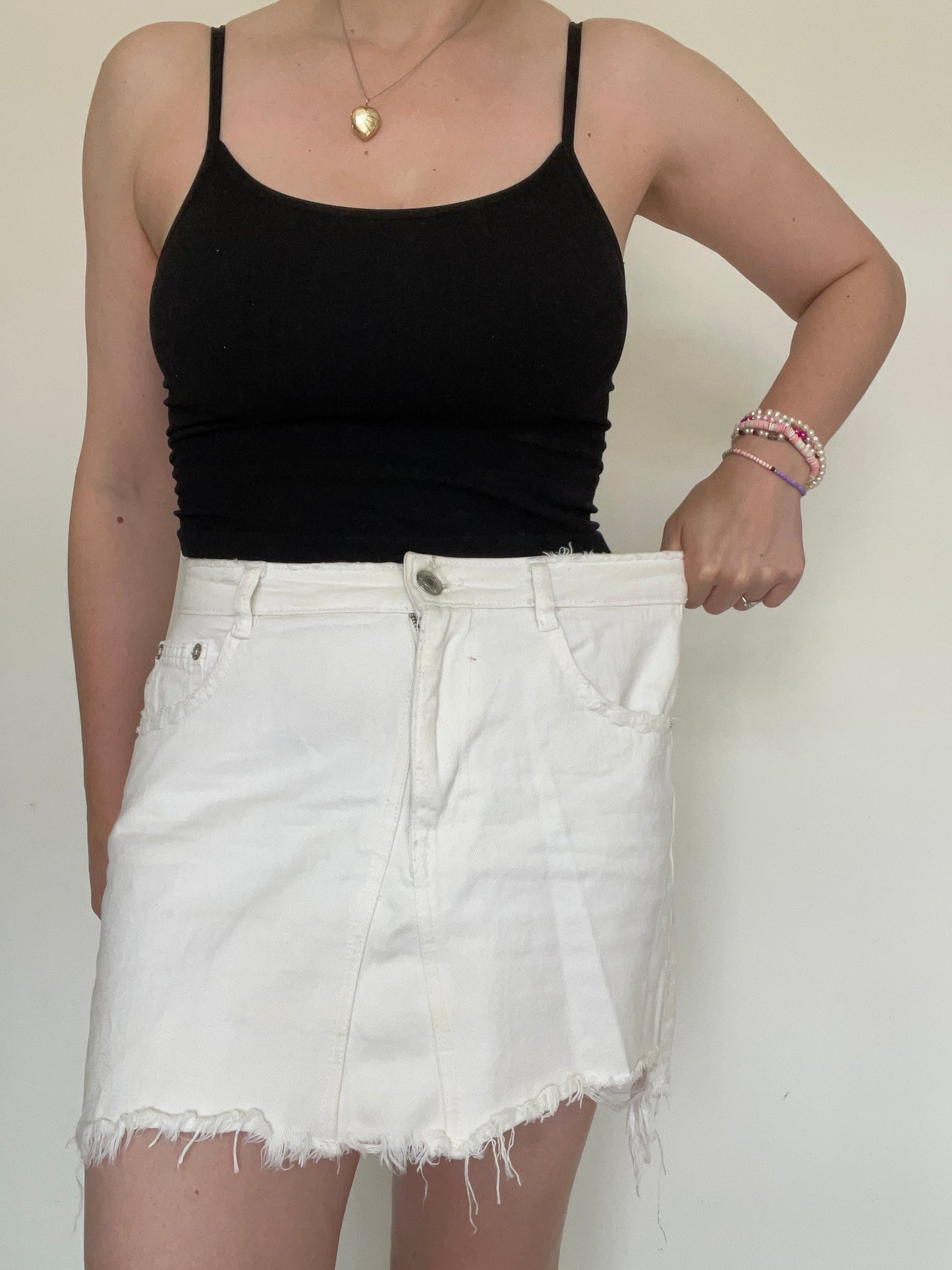 White Denim Mini Skirt - Size L